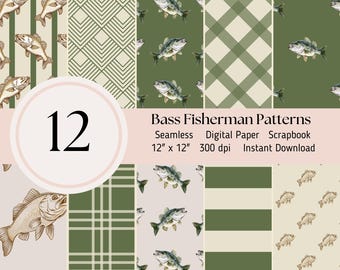 Largemouth Bass Fisherman Aesthetic Digital Paper- 12 seamless patternsScrapbooking Card Making Journal Sheets JPEG Instant Download