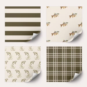 May include: Four different patterned paper sheets. The first sheet has brown and white horizontal stripes. The second sheet has a white background with a repeating pattern of brown fish. The third sheet has a white background with a repeating pattern of brown fish jumping out of the water. The fourth sheet has a brown and white plaid pattern.