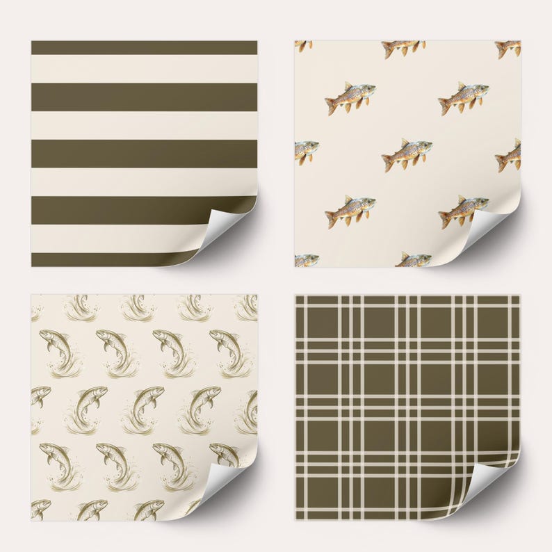 May include: Four different patterned paper sheets. The first sheet has brown and white horizontal stripes. The second sheet has a white background with a repeating pattern of brown fish. The third sheet has a white background with a repeating pattern of brown fish jumping out of the water. The fourth sheet has a brown and white plaid pattern.