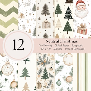 May include: Twelve digital papers featuring a neutral Christmas theme with illustrations of trees, ornaments, snowflakes, and presents. The papers are 30.5 cm by 30.5 cm and 300 dpi.