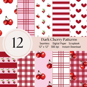 May include: A digital paper pack with 12 different patterns featuring dark red cherries, pink and white gingham, red and white stripes, and red hearts on a white background. The text "Dark Cherry Patterns" is at the top of the image. The text "Seamless Digital Paper Scrapbook" is below the title. The text "12" x 12" 300 dpi Instant Download" is below the description.