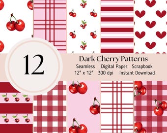 Cherries Seamless File, 12 Cherry Red Patterns, Scrapbooking Card Making Journal Sheets JPEG Instant Download, Valentine Fruit Summer