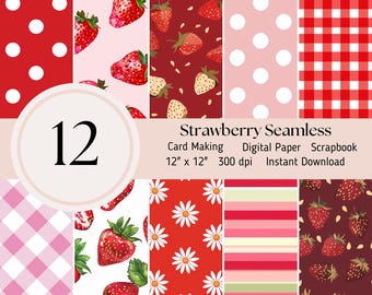 Summer Strawberries Digital Paper File- 12 pack, Scrapbooking Journal Sheets JPEG Instant Download, Red, Pink and White