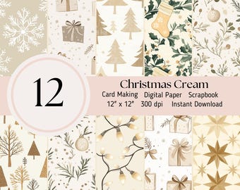 Digitales Papier Weihnachten Creme - 12 Pack Muster, Hintergrund, Scrapbooking Journal Sheets JPEG Instant Download