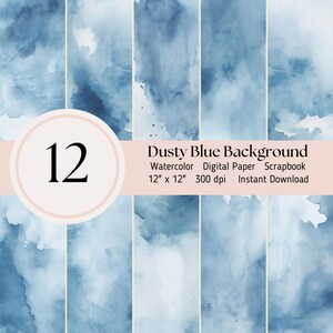 Dusty Blue Digital Background - 12 pack watercolor texture, Scrapbooking Journal Sheets JPEG Instant Download