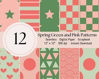 May include: Twelve digital paper patterns in green and pink with various geometric designs, including stars, hearts, circles, and triangles. The patterns are seamless and measure 12 inches by 12 inches.  The text "Spring Green and Pink Patterns" is displayed at the top of the image.