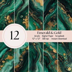 Puede incluir: Doce papeles digitales para scrapbooking con un diseño abstracto de mármol verde y dorado. Cada papel mide 30,48 cm por 30,48 cm y 300 dpi.