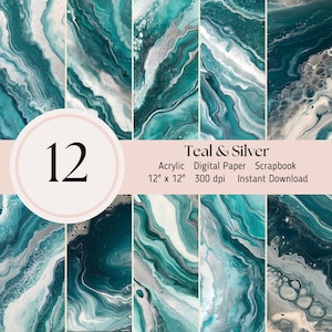 May include: Teal and silver abstract digital paper pack with 12 designs. Each design is 12 inches by 12 inches and 300 dpi. Instant download.