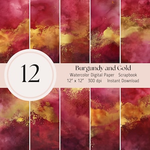 Carta digitale per acquerello bordeaux e oro - confezione da 12, fogli di diario Scrapbooking JPEG Download istantaneo