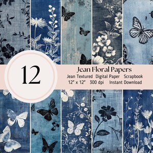 Carta digitale Blue Jean, confezione da 12 fiori senza giunte di farfalle, fogli di diario Scrapbooking JPEG Download istantaneo