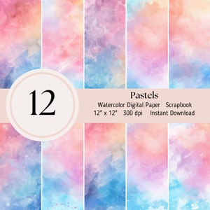 Pastel Watercolor Digital Paper- 12 pack, Scrapbooking Journal Sheets JPEG Instant Download
