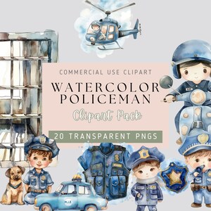 Könnte beinhalten: Aquarell-Clipart-Set mit einem Polizisten in verschiedenen Posen, darunter auf einem Roller fahrend, Auto fahrend und einen Polizeischild haltend. Das Set enthält auch einen Polizeihubschrauber, eine Polizeiweste und einen Hund.