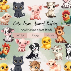 Cute Farm Animals PNG- Clipart for commercial use, transparent background, kawaii, nursery wall art, baby shower, birthday clipart