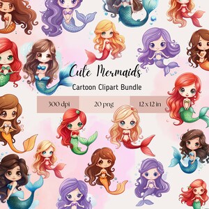 Sirenas lindas PNG- Imágenes prediseñadas para uso comercial, fondo transparente, arte de la pared de la guardería, baby shower, imágenes prediseñadas de cumpleaños, dibujos animados kawaii