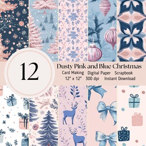 May include: A set of 12 digital papers featuring a dusty pink and blue Christmas theme. The papers include patterns of snowflakes, presents, reindeer, bows, ornaments, and trees. The papers are 12 inches by 12 inches and 300 dpi.