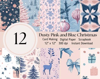 Dusty Blue and Pink Christmas- 12 digitale Papierpackung, Muster, Hintergrund, Scrapbooking Journal Sheets JPEG Instant Download