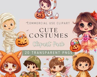 Könnte beinhalten: Ein Set mit 20 digitalen Clipart-Bildern mit niedlichen Comicfiguren, die in verschiedenen Halloween-Kostümen gekleidet sind. Die Figuren halten Eimer mit Süßigkeiten und sind bereit zum Süßes-oder-Saures-Sagen. Die Bilder sind transparente PNG-Dateien, perfekt zum Erstellen von Halloween-Bastelarbeiten, Karten und anderen Projekten.