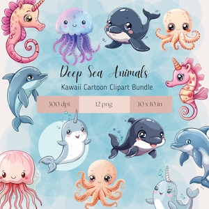 Niedliche Meerestiere PNG-Clipart für kommerzielle Nutzung, transparenter Hintergrund, kawaii, Wal, Seepferdchen, Krake, Delphin, Qualle, Narwal