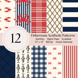 Fisherman Aesthetic Seamless Digital Paper- 12 modelli, fogli di giornale per scrapbooking, creazione di biglietti, download immediato JPEG