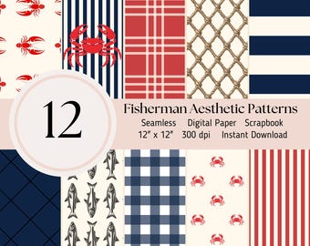 Fisherman Aesthetic Seamless Digital Paper- 12 patterns, Scrapbooking Card Making Journal Sheets JPEG Instant Download