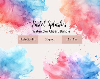Pastel splash clipart, 20 stuks, scrapbooking dagboekbladen png direct downloaden, aquarel textuur