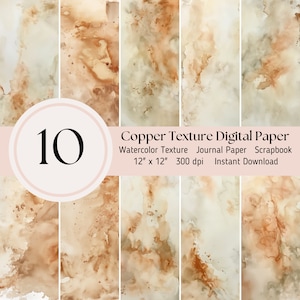 May include: A digital paper pack with 10 watercolour textures in copper tones. The pack includes 12" x 12" digital papers at 300 dpi.  "Copper Texture Digital Paper" is written in white text on a pink banner.  "Watercolour Texture Journal Paper Scrapbook 12" x 12" 300 dpi Instant Download" is written in black text below the banner.