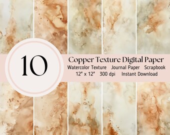 Kupfer Aquarell Digital Paper Pack - 10 Aquarell Textur Clipart, Scrapbooking Journal Sheets JPEG Instant Download, neutral