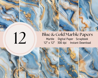 May include: Twelve digital scrapbook papers featuring blue and gold marble patterns. Each paper is 12 inches by 12 inches and 300 dpi.
