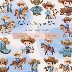 Cute Cowboy in Blue PNG- Rodeo, Western Clipart for commercial use, transparent background, nursery wall art, baby shower, birthday clipart