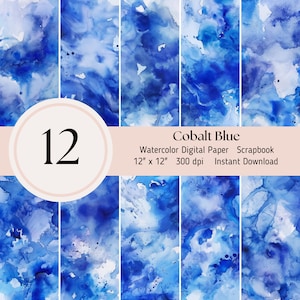 Cobalt Blue Watercolor Digital Paper- 12 pack, Scrapbooking Journal Sheets JPEG Instant Download, Blue