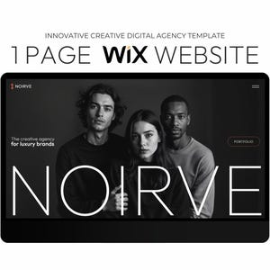 以下が含まれることがあります： 1ページのWixウェブサイト用のデジタルエージェンステンプレート。画像は、大きな白い文字で「NOIRVE」という単語が表示されたウェブサイトのデザインを表示する黒いタブレットを示しています。ウェブサイトには、3人の人々の白黒写真が掲載されています。