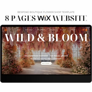 May include: A website screenshot for a flower shop called "Wild & Bloom". The website features a large image of a floral installation with pink, white, and peach flowers hanging from the ceiling. The text "We craft floral moments that feel as special as the occasions they celebrate." is displayed below the image.