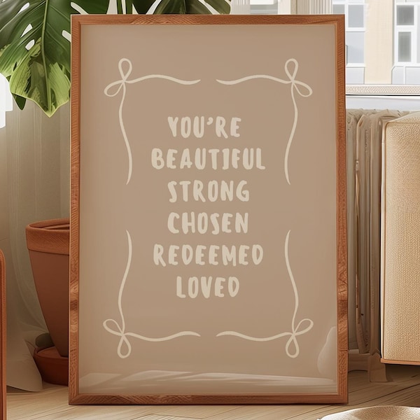 Póster de versículos bíblicos de moda, arte de pared imprimible con escrituras en beige, decoración cristiana para habitación de niñas, impresión bíblica moderna para dormitorio universitario con lazos