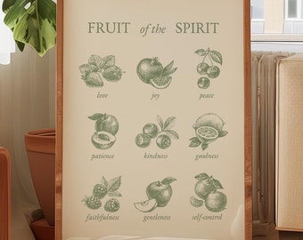 Frucht des Geistes Wandkunst Bunt Christlicher Druck Salbei Grün Bibel Vers druckbare Kunst Vintage Schrift Poster Moderne Galater 5 Dekor