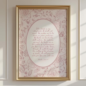 Pink Psalm 23 Bible Verse Wall Art Christian Nursery Poster Vintage Scripture Print Baptism Gift Girl Room Decor Girly Biblical Artwork Sign