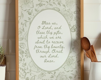 Catholic Mealtime Prayer Sign Blessing Before Meals Wall Art Vintage Bible Poster Sage Green Christian Dinning Room Decor Breakfast Nook Art
