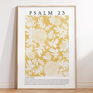 May include: A yellow and white floral print with the text "PSALM 23" at the top and the text "A Psalm of David" and the text of Psalm 23 below.