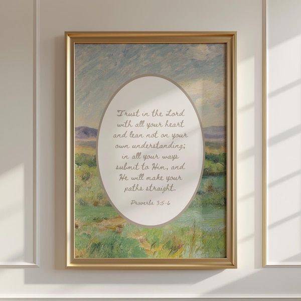 Confía en el Señor con todo tu corazón. Versículo bíblico de pared. Arte vintage de Proverbios 3:5-6. Impresión de montañas. Arte moderno imprimible de las Escrituras.