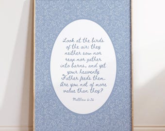 Mateo 6: Mira las aves, versículo bíblico moderno, impresión azul, arte de pared con las Escrituras, póster minimalista de Jesús, estética costera, decoración cristiana para el hogar.