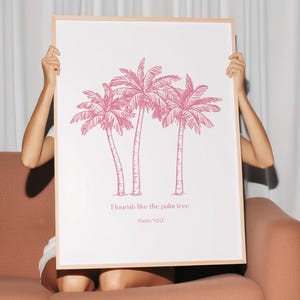 Pink Psalms Bible Verse Print Beachy Palm Tree Artwork Colorful Christian Wall Art Coastal Scripture Poster Modern Ocean Decor Girly Faith