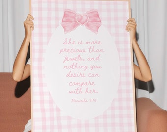 Proverbs 3:15 Nursery Wall Art Pink Christian Bible Verse Printable Art Religious Baby Shower Decorations Girly Faith Poster Coquette Bow