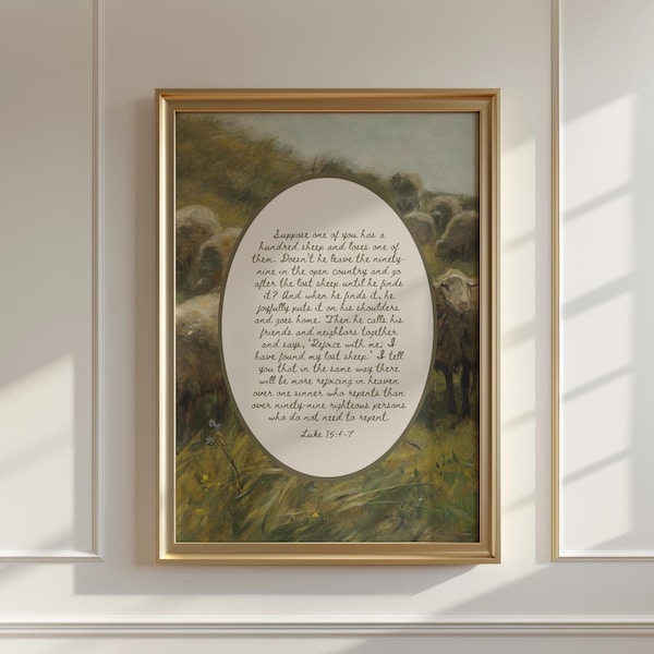 Parábola de la oveja perdida Impresión Jesús deja los 99 versículos bíblicos Arte de pared Pintura al óleo vintage Jesús el buen pastor Arte imprimible bíblico