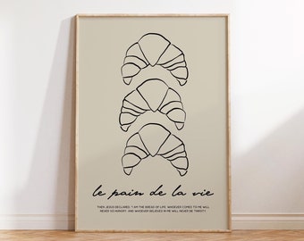 Brot des Lebens Croissant Druck, Vintage Food Wand Kunst Bibel Vers Moderne christliche Kunst, trendige Küchen Wanddekoration Jesus Neutral Glaube Poster