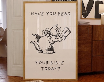 Bow Coquette Christian Wall Art Biblical Vintage Cat Poster Read Your Bible Print Trendy Book Lovers Gift Christian Girl Dorm Room Decor B&W