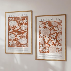Fall Botanical Psalms Art Print Set of Two Christian Modern Art Orange Faith Home Decor Floral Bible Verse Wall Art Thanksgiving Scripture