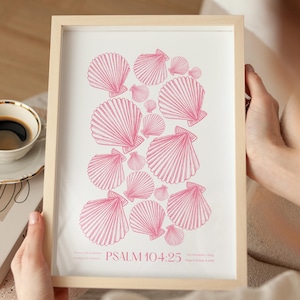 Modern Beachy Bible Verse Print Pink and White Scripture Seashell Poster Coastal Christian Wall Art Preppy Jesus Home Decor Psalm Biblical