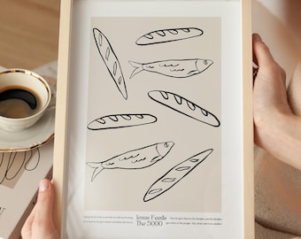 Jesus Feeds The 5000 Wall Art Minimalistic Christian Artwork Kitchen Bible Verse Print Modern Biblical Sketch Neutral Scripture Home Decor