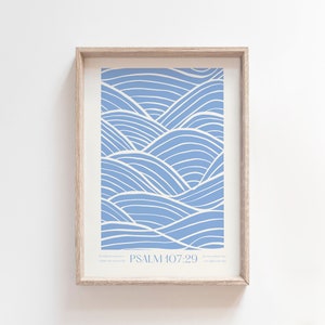 Moderne Bibel Vers Meereswellen Minimalistischer Druck, ästhetische christliche Wandkunst Strand Hausdekor, blaues trendiges Jesus Poster Küstendruckbar