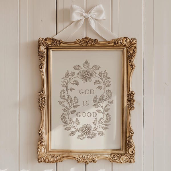 Póster de Dios es bueno con versículo bíblico neutro, ilustración de flores antiguas, elegante arte de pared con escrituras, impresión bíblica vintage, decoración católica.