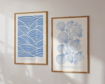 Modern Christian Poster Set of 2 Abstract Ocean Waves Wall Art, Trendy Seashell Print Nautical Scripture Quote, Blue Aesthetic Faith Decor
